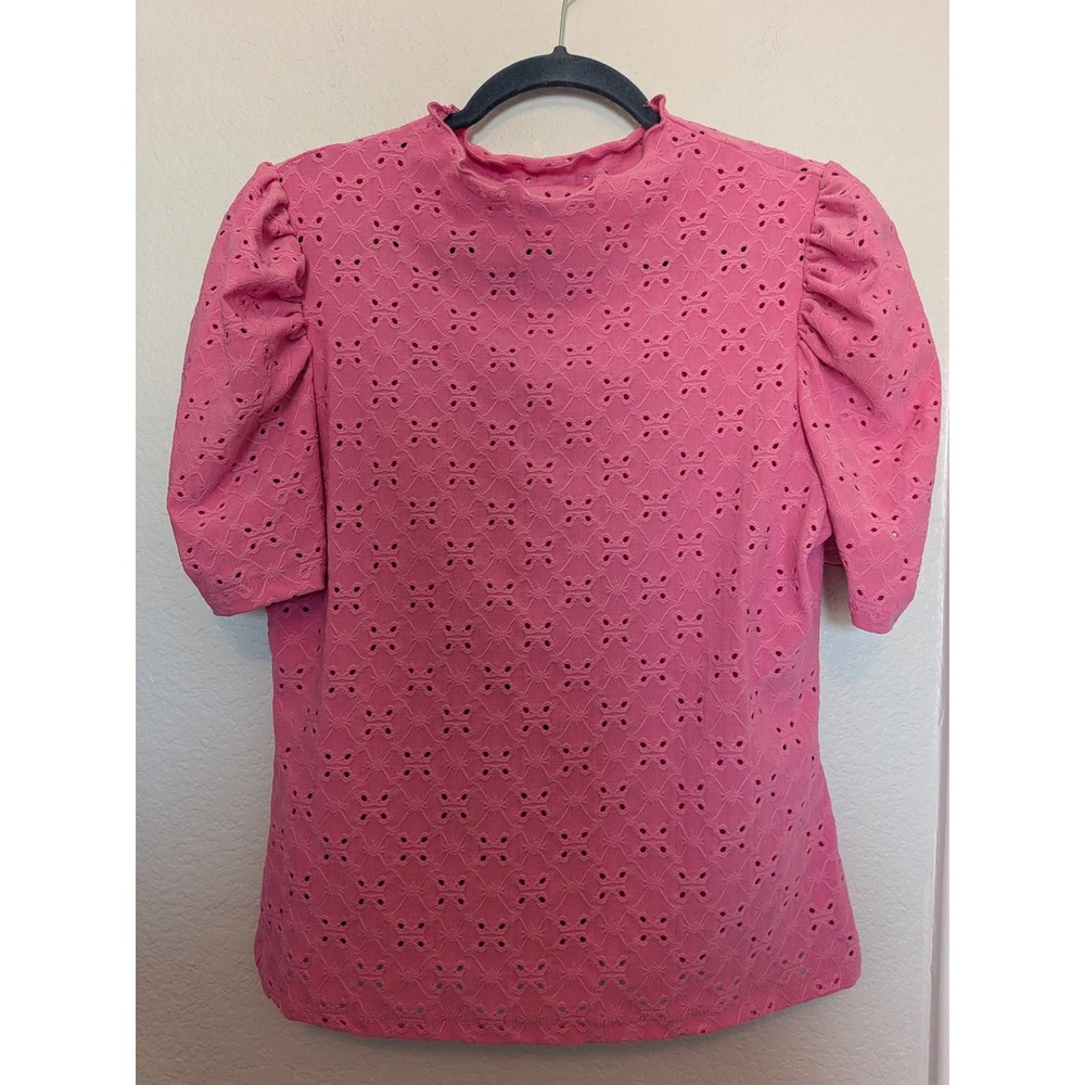 SHEIN Women XL Pink Eyelet Butterfly Puff Sleeve Mock Neck Ruffle Blouse Top